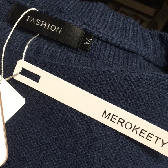 Fashion Merokeety Crewneck solid Navy blue knit pullover sweater. Medium - Picture 2 of 13